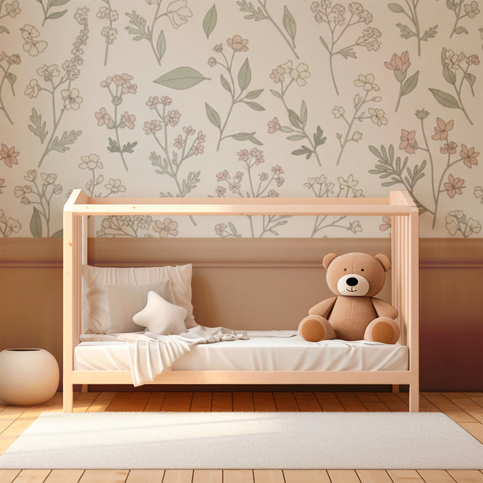 Papier peint chambre bébé | Fleurs délicates et feuillage pastel pour une ambiance douce