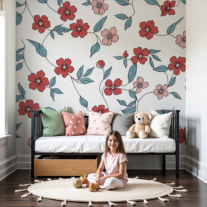 Tapet pentru camera de copii | Flori delicate și frunziș pastel pe fundal deschis