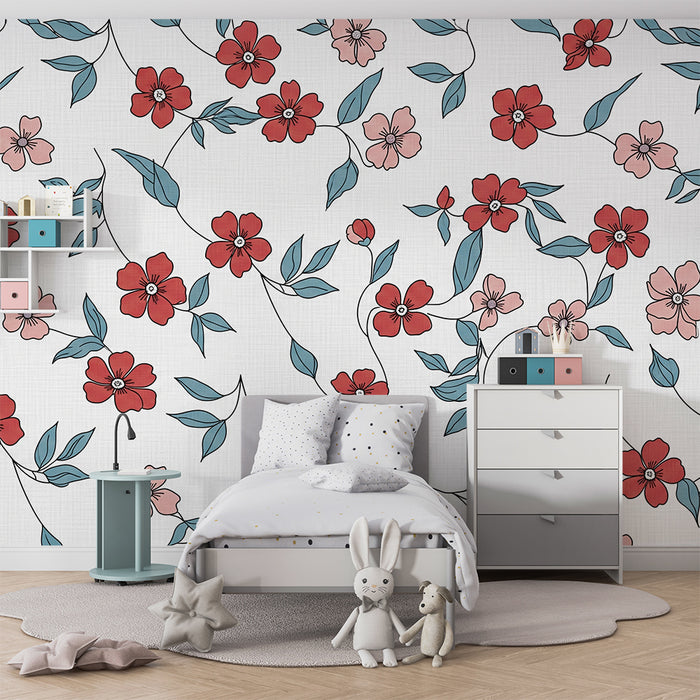 Tapet pentru camera de copii | Flori delicate și frunziș pastel pe fundal deschis