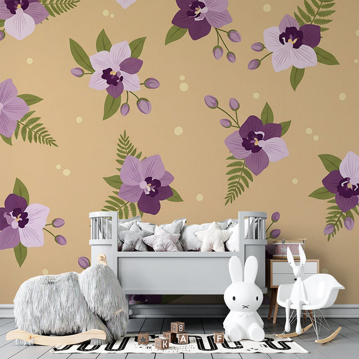 Χαρτί τοίχου για το δωμάτιο του μωρού | Απαλά λουλούδια και φύλλα σε μπεζ φόντο