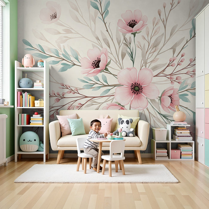 Papel de parede quarto bebê | Flores delicadas e folhagem em fundo bege