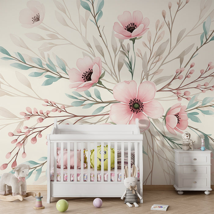 Papel de parede quarto bebê | Flores delicadas e folhagem em fundo bege