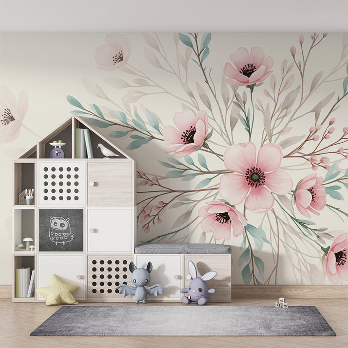Papel de parede quarto bebê | Flores delicadas e folhagem em fundo bege