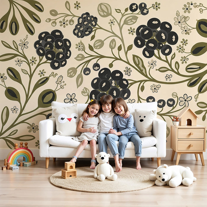 Papier peint chambre bébé | Fleurs délicates et feuillage sur fond crème