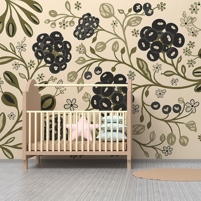 Papier peint chambre bébé | Fleurs délicates et feuillage sur fond crème