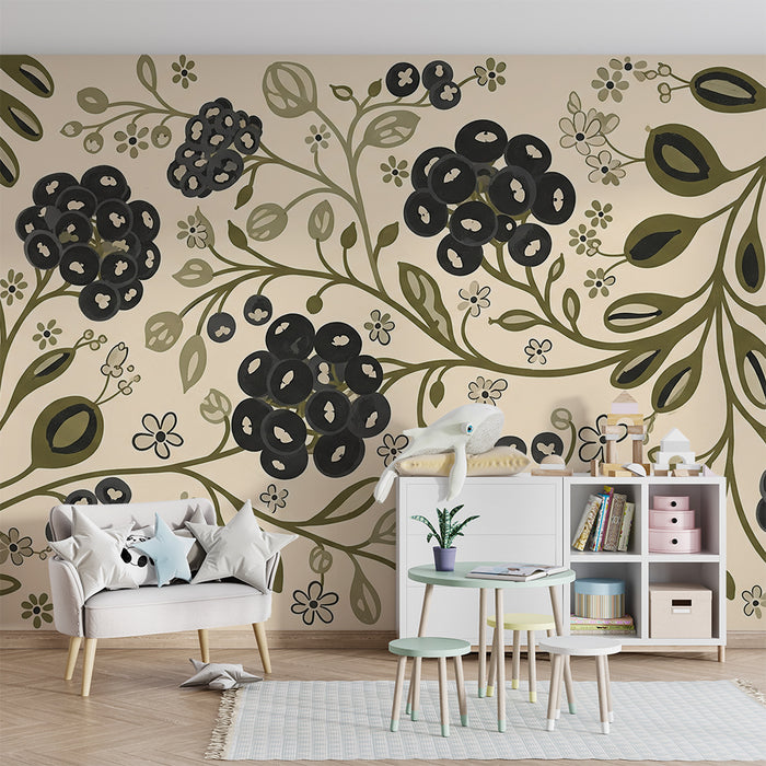 Papier peint chambre bébé | Fleurs délicates et feuillage sur fond crème