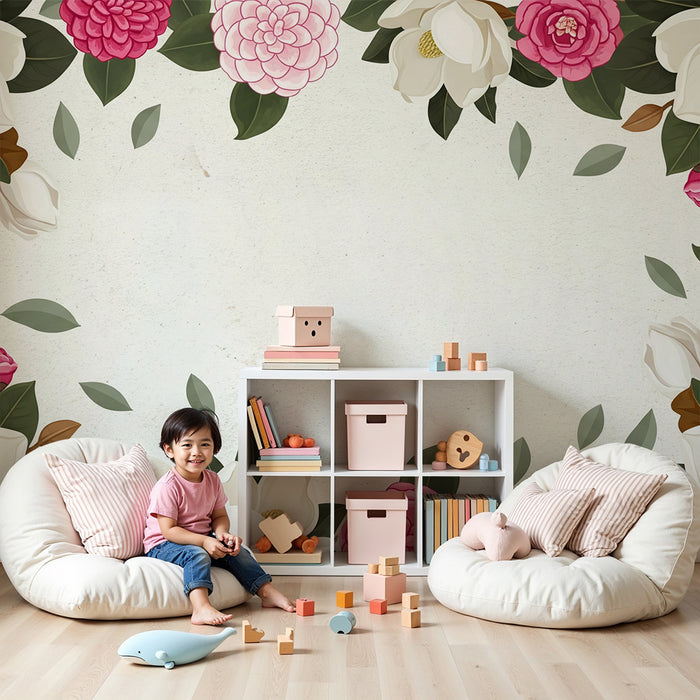 Barntapet | Delikata blommor och löv på mjuk bakgrund