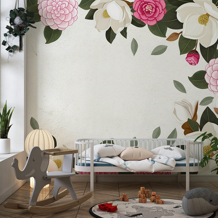 Barntapet | Delikata blommor och löv på mjuk bakgrund