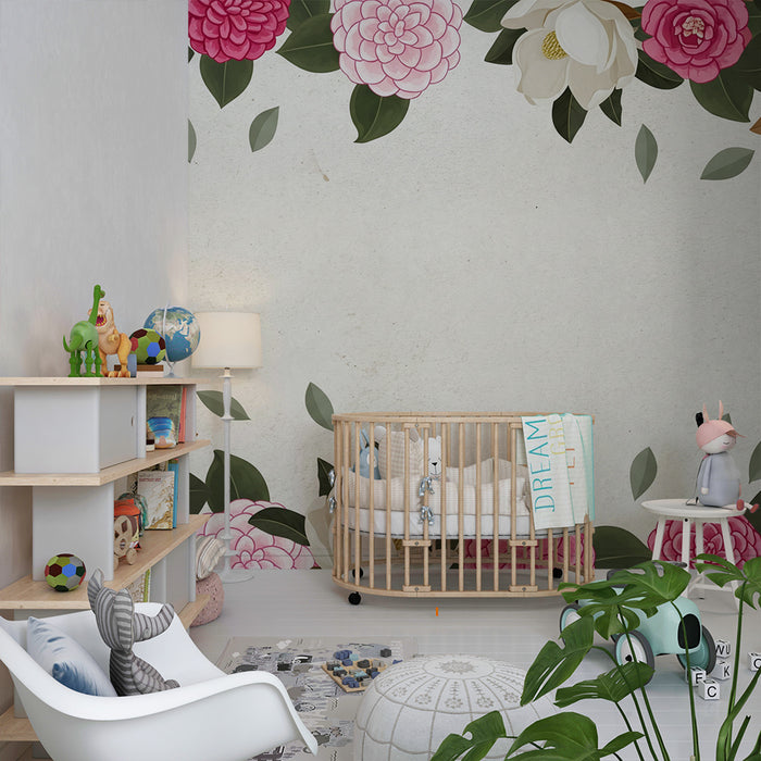 Barntapet | Delikata blommor och löv på mjuk bakgrund