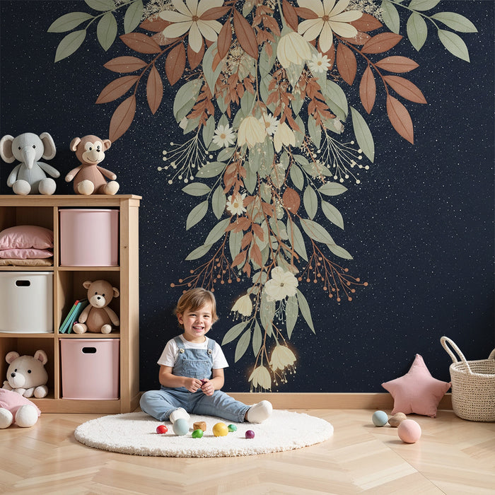 Tapet pentru camera de bebeluși | Flori delicate și frunziș pe fundal stelat
