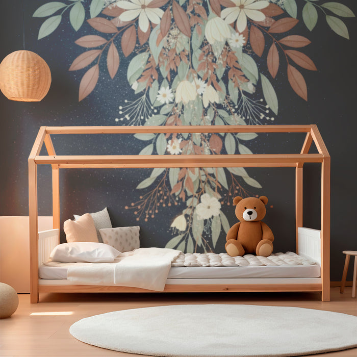 Tapet pentru camera de bebeluși | Flori delicate și frunziș pe fundal stelat