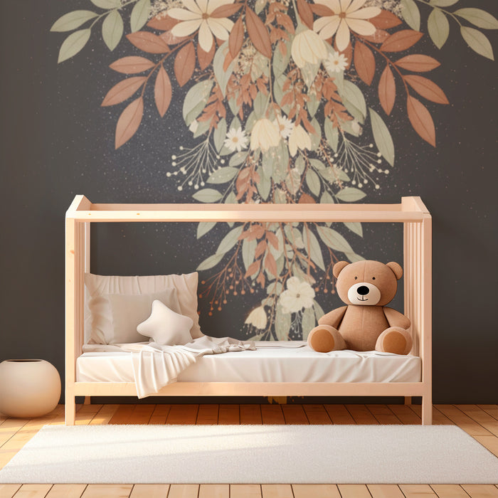 Tapet pentru camera de bebeluși | Flori delicate și frunziș pe fundal stelat