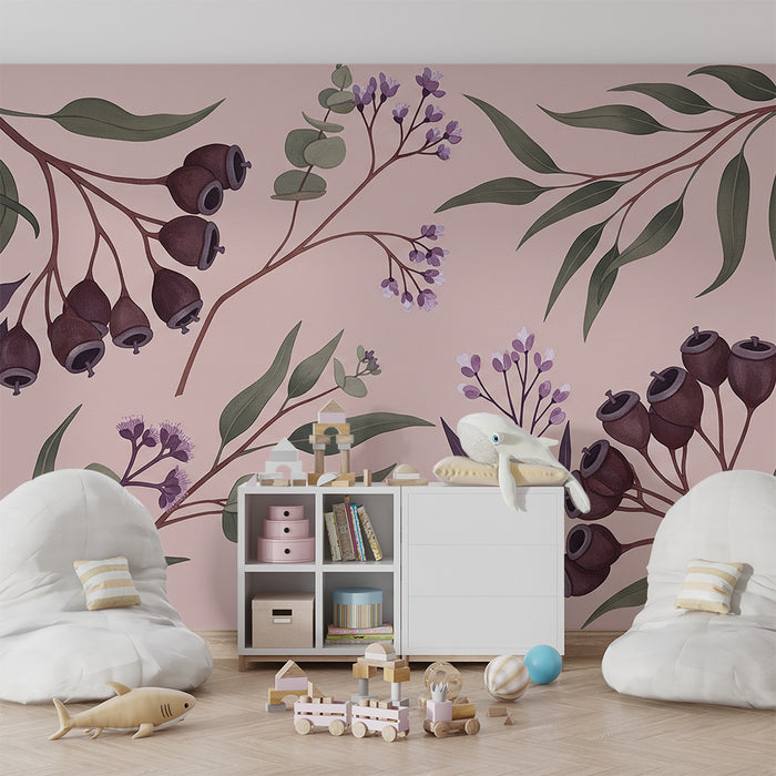 Barnrumspapper | Delikata blommor och lövverk på rosa botten