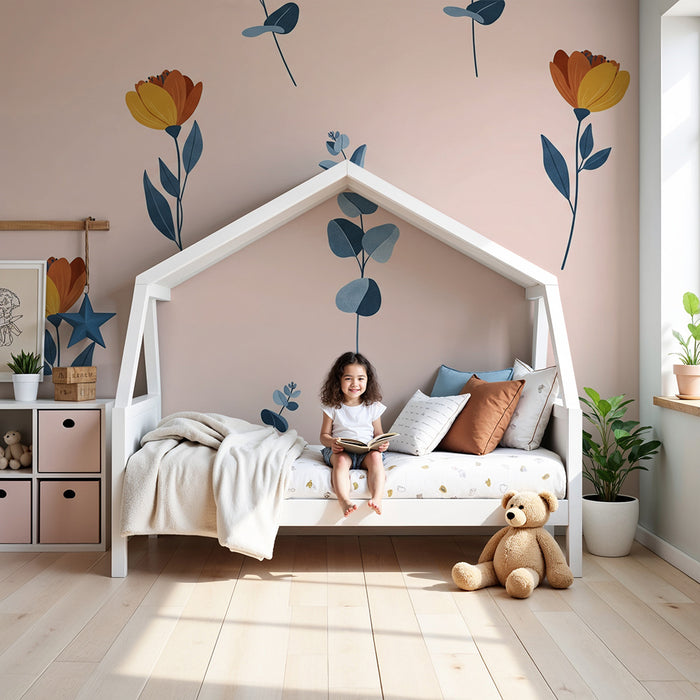 Papier peint chambre bébé | Fleurs délicates et feuillage sur fond rose doux
