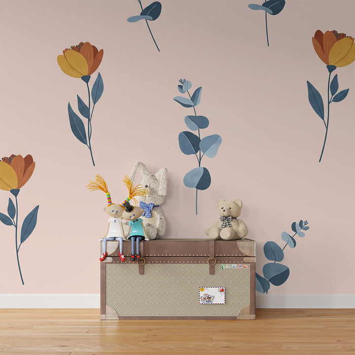 Papier peint chambre bébé | Fleurs délicates et feuillage sur fond rose doux
