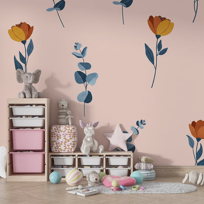 Papier peint chambre bébé | Fleurs délicates et feuillage sur fond rose doux