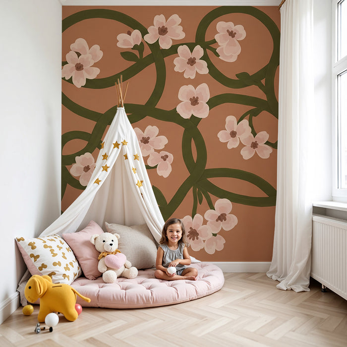 Papier peint chambre bébé | Fleurs délicates et feuillage sur fond terracotta