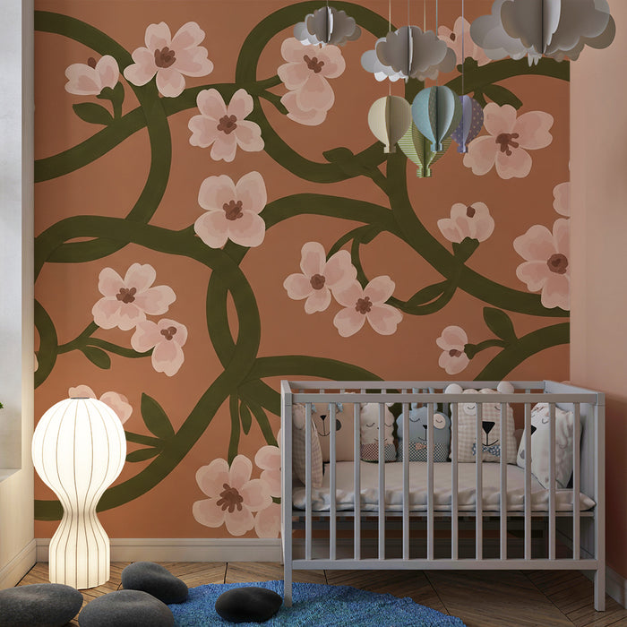 Papier peint chambre bébé | Fleurs délicates et feuillage sur fond terracotta