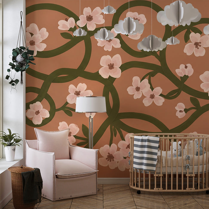 Papier peint chambre bébé | Fleurs délicates et feuillage sur fond terracotta