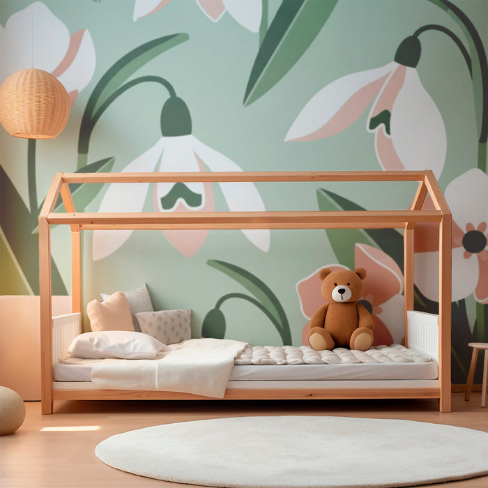Papel de parede quarto bebê | Flores delicadas e folhagem em fundo verde suave