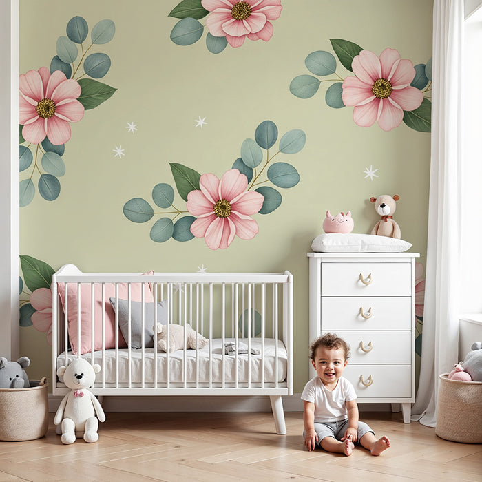 Barntapet | Delikata blommor och löv på mjuk grön bakgrund