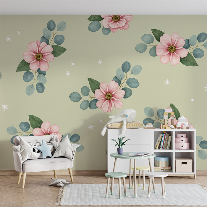 Barntapet | Delikata blommor och löv på mjuk grön bakgrund