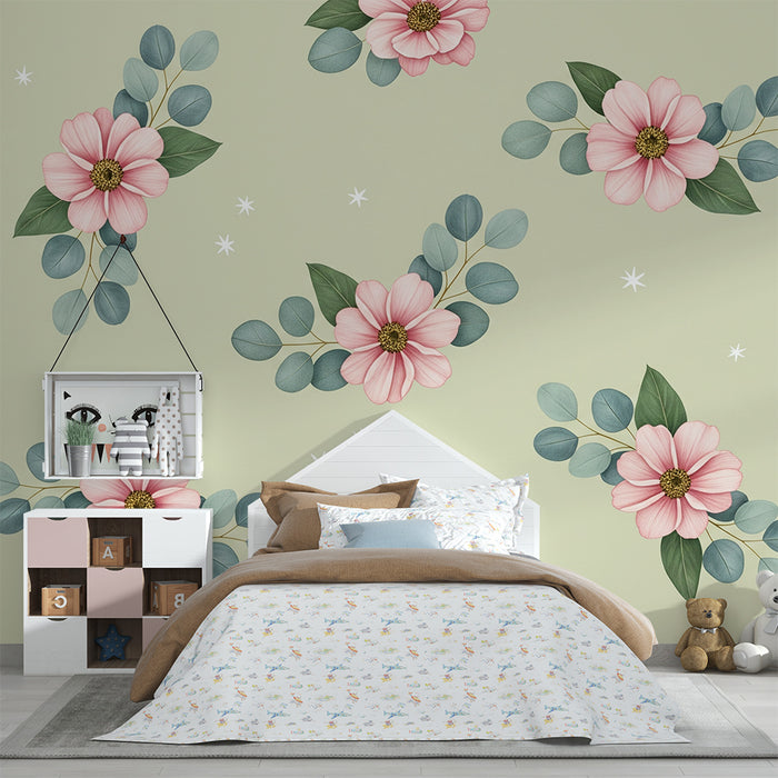 Barntapet | Delikata blommor och löv på mjuk grön bakgrund