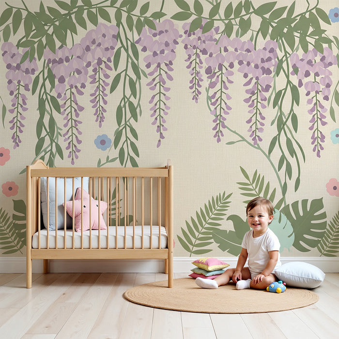 Papel de parede quarto bebê | Flores delicadas e folhagem tropical