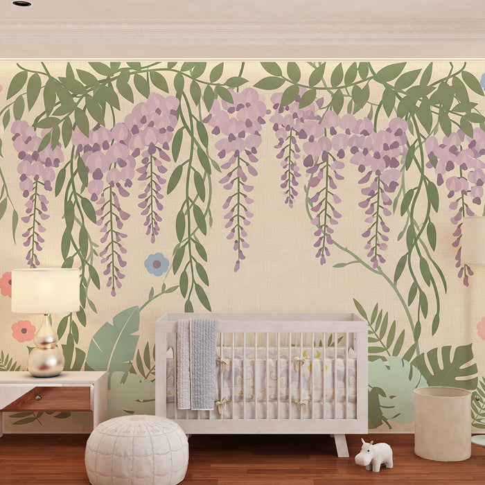 Papel de parede quarto bebê | Flores delicadas e folhagem tropical