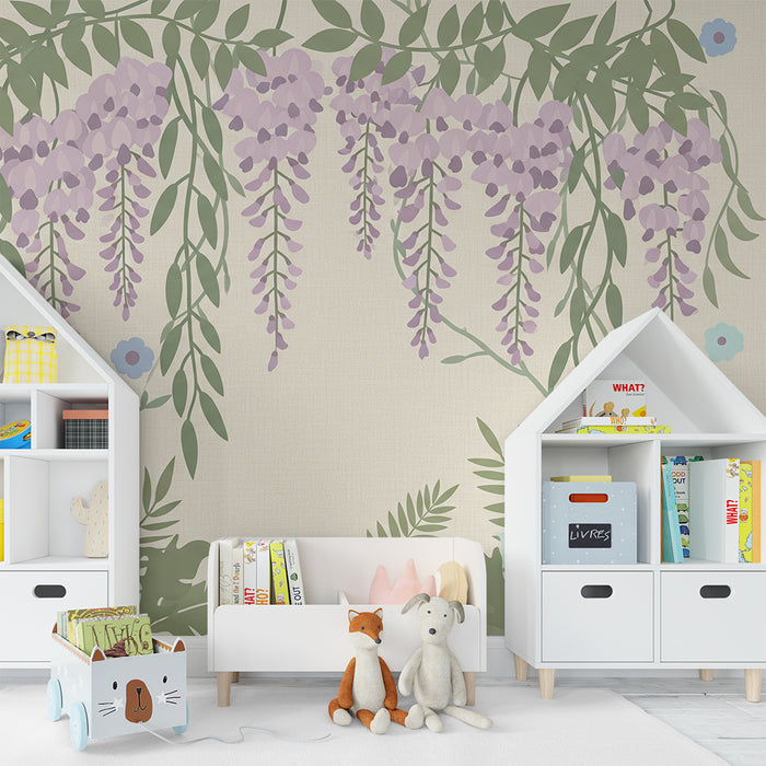 Papel de parede quarto bebê | Flores delicadas e folhagem tropical