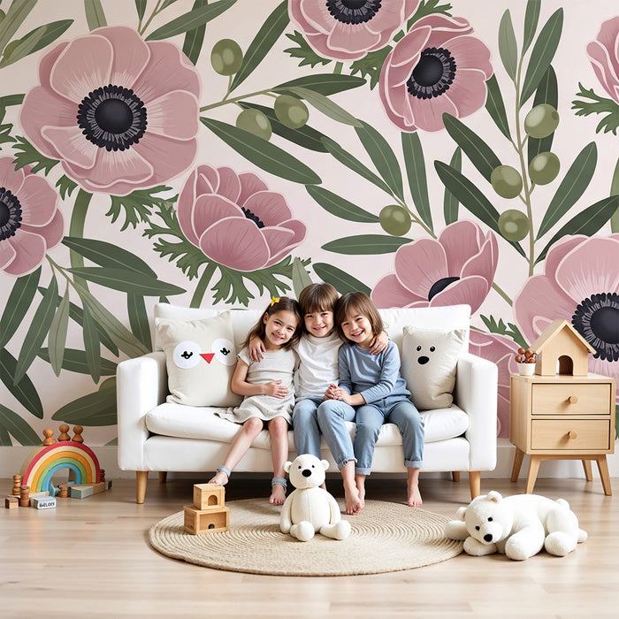 Børneværelse tapet | Delikate blomster og grønne blade på en blød baggrund