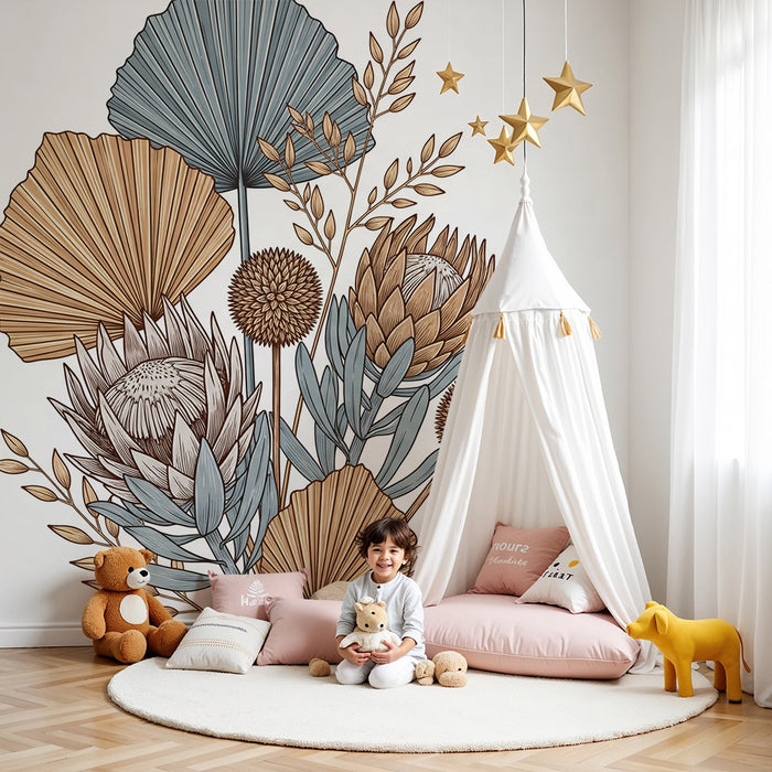 Papier peint chambre bébé | Fleurs délicates et feuillages dans des tons doux