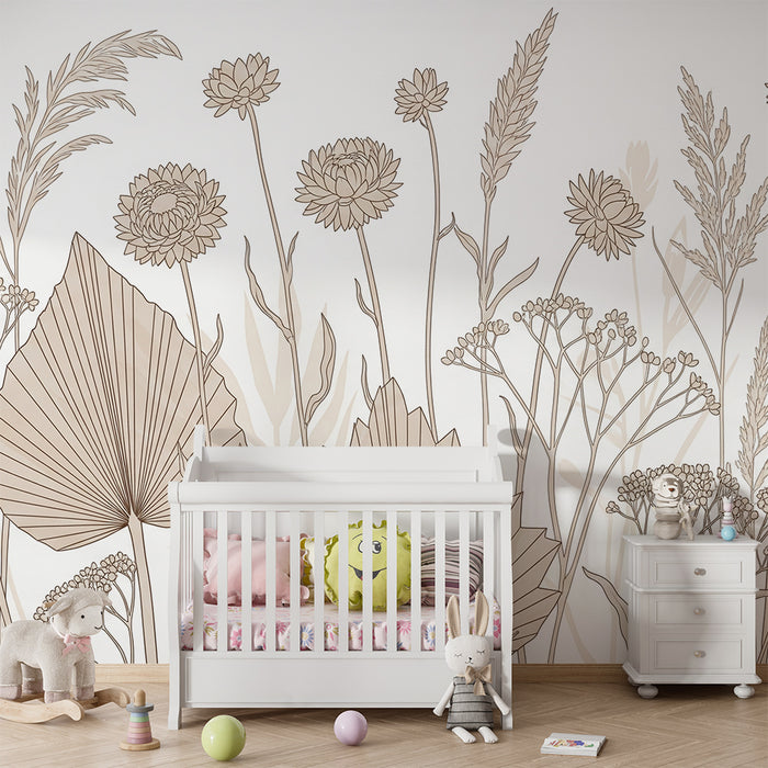 Børneværelse tapet | Delikate blomster og rene linjer med blade