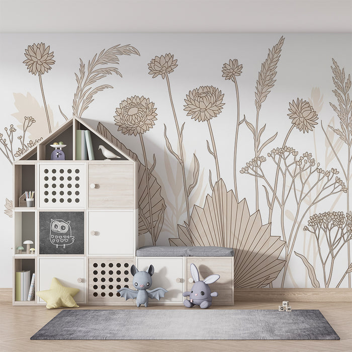 Børneværelse tapet | Delikate blomster og rene linjer med blade