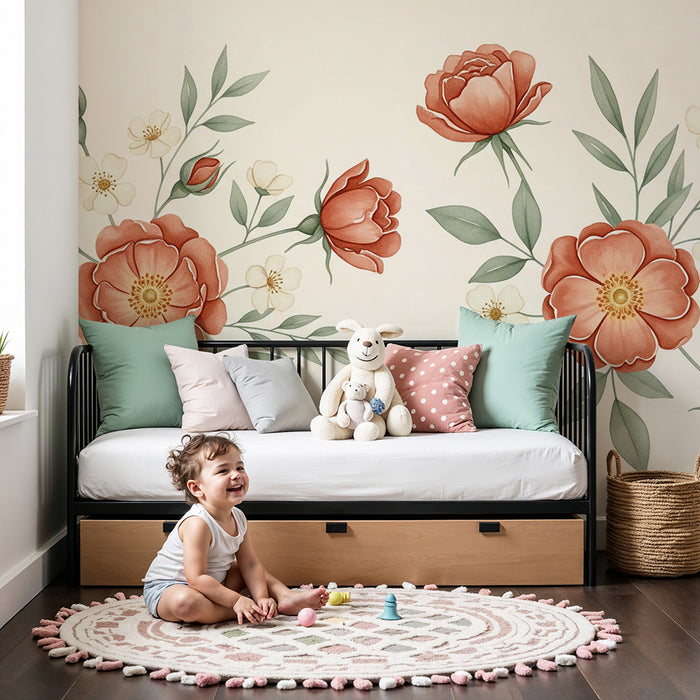 Papel de parede quarto bebê | Flores delicadas e fundo bege