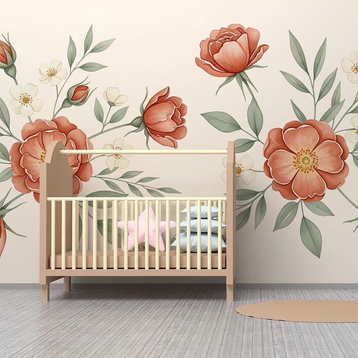 Papel de parede quarto bebê | Flores delicadas e fundo bege