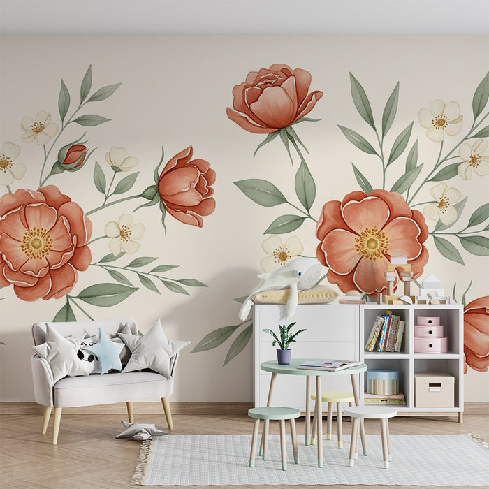 Papel de parede quarto bebê | Flores delicadas e fundo bege