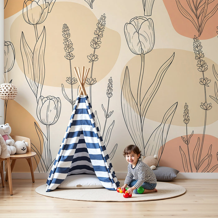 Babykamer behang | Delicate bloemen en abstracte vormen in zachte tinten