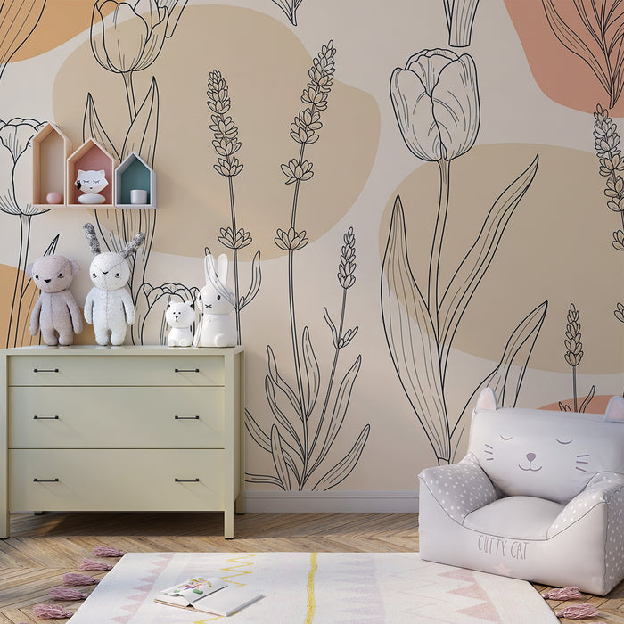 Babykamer behang | Delicate bloemen en abstracte vormen in zachte tinten