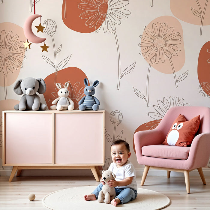 Barntapet | Delikata blommor och mjuka former i terrakotta