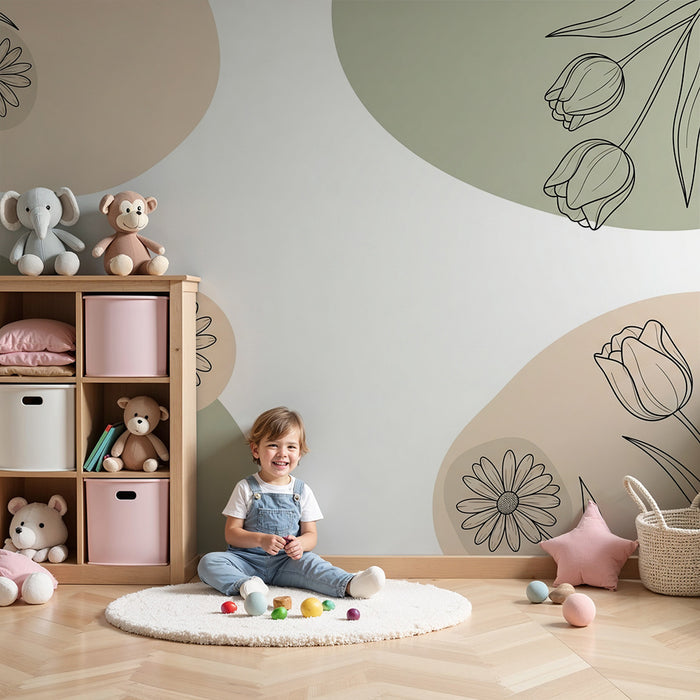 Babykamer behang | Delicate bloemen en zachte vormen tussen beige en saliegroen