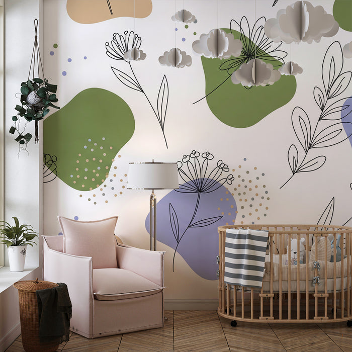 Barntapet | Delikata blommor och organiska former i mjuka färger