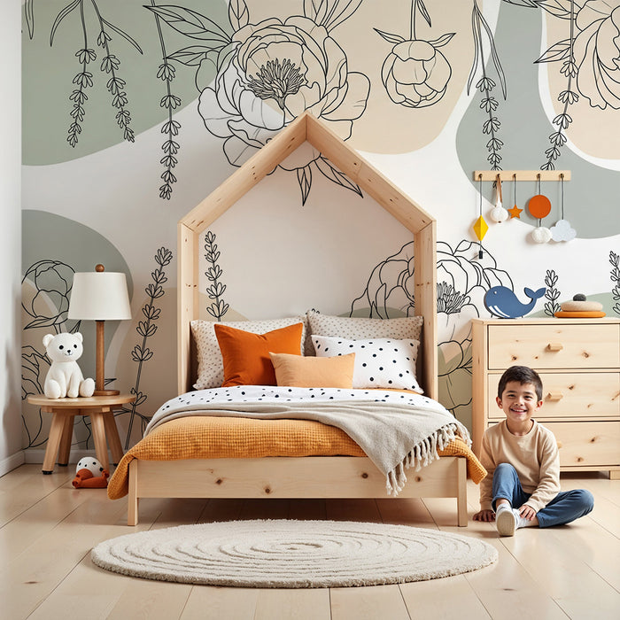 Babykamer behang | Delicate bloemen en organische vormen in pastelkleuren