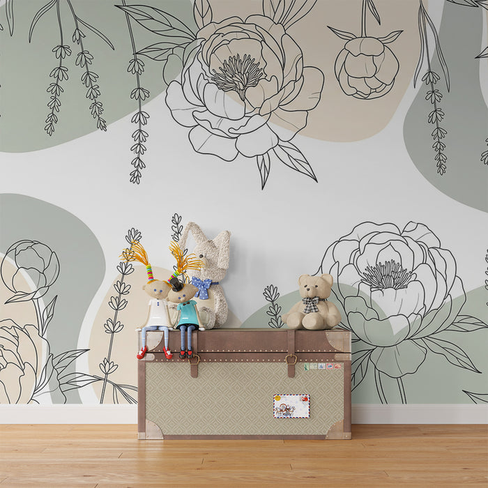 Babykamer behang | Delicate bloemen en organische vormen in pastelkleuren