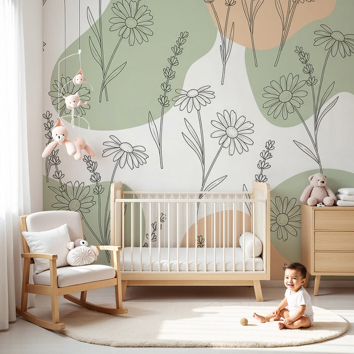 Babykamer behang | Delicate bloemen en organische vormen groen en beige