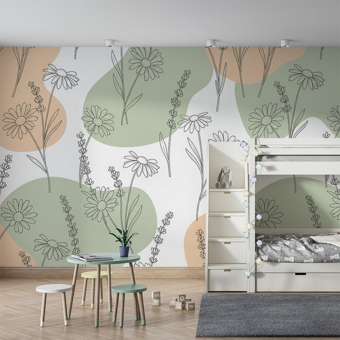 Babykamer behang | Delicate bloemen en organische vormen groen en beige
