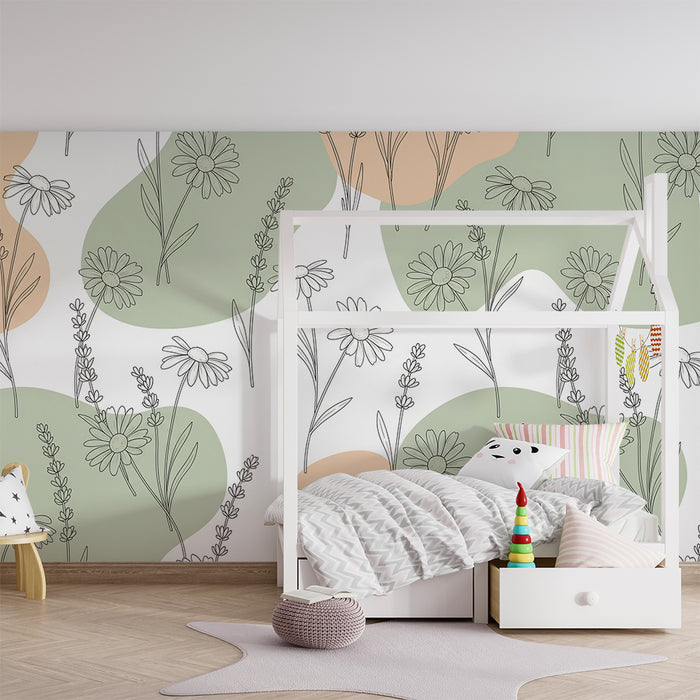 Babykamer behang | Delicate bloemen en organische vormen groen en beige