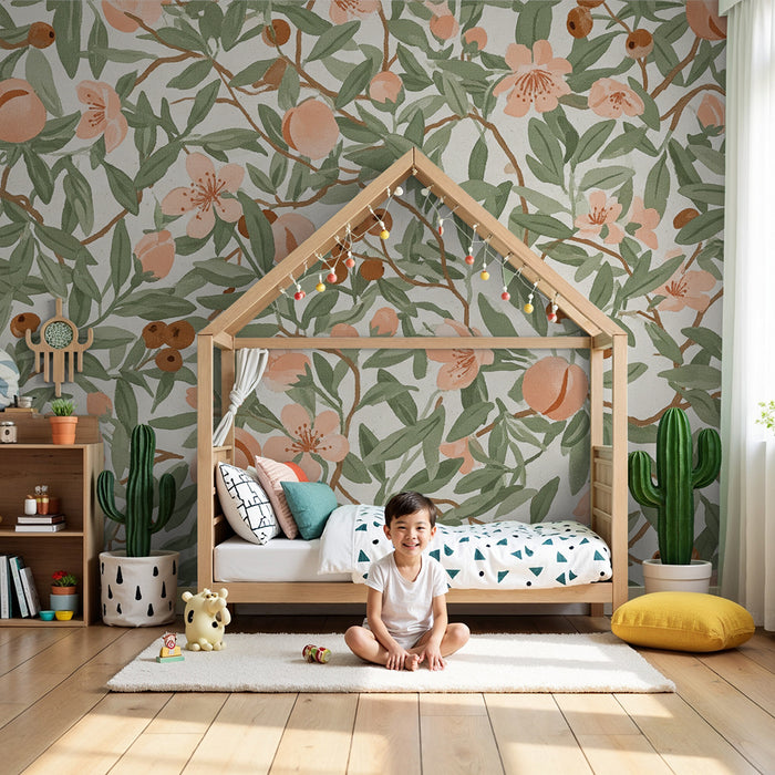 Papel de parede quarto bebê | Flores delicadas e frutas suaves em fundo claro