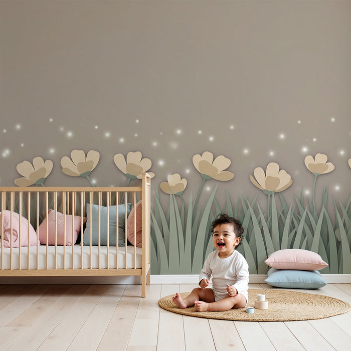 Tapet pentru camera de bebeluși | Flori delicate și iarbă moale