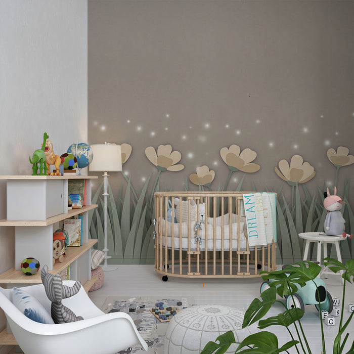 Tapet pentru camera de bebeluși | Flori delicate și iarbă moale